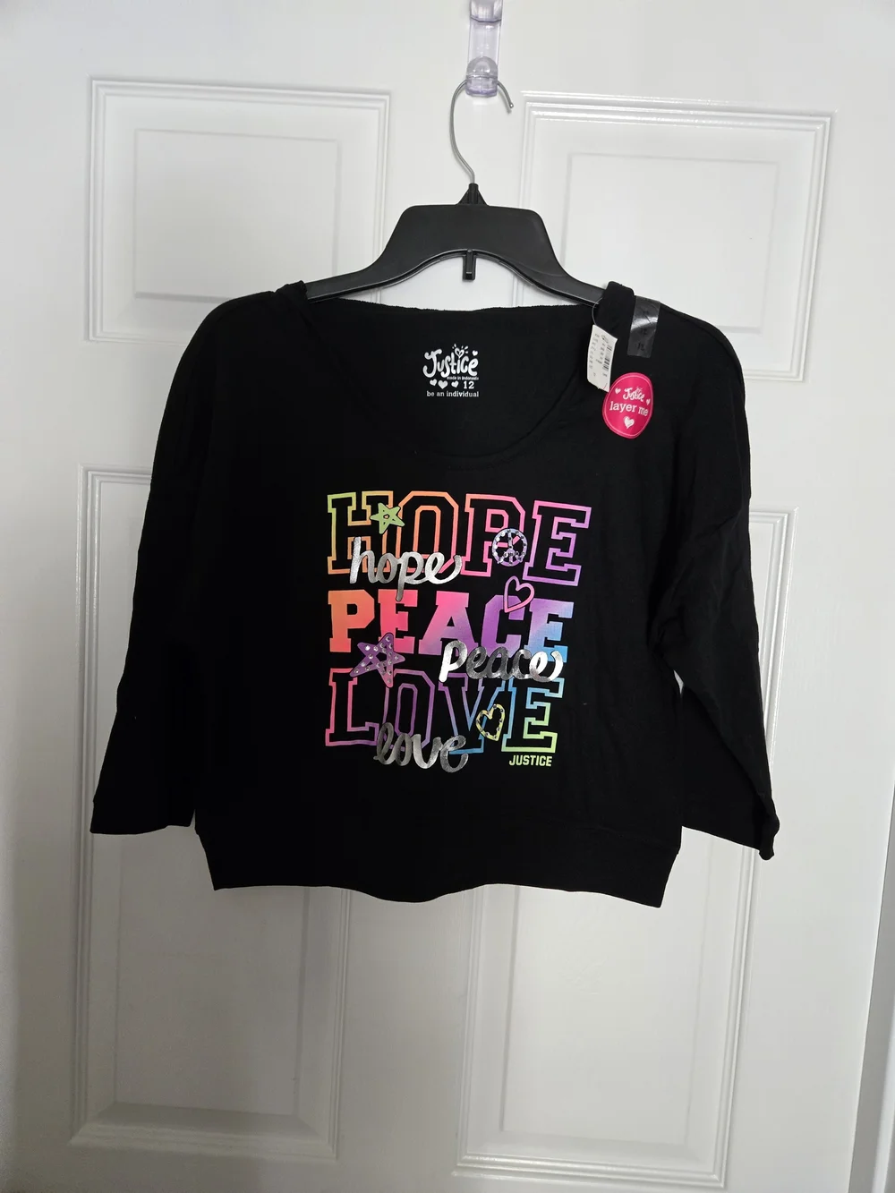 Justice Black Cropped Graphic Sweatshirt - Rainbow HOPE PEACE LOVE
